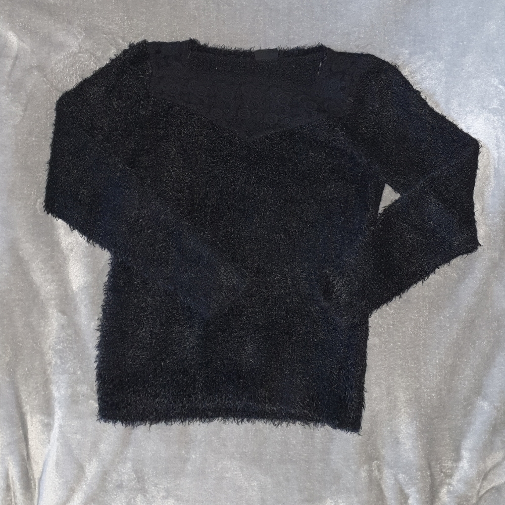 Black fuzzy top with Lace detailing